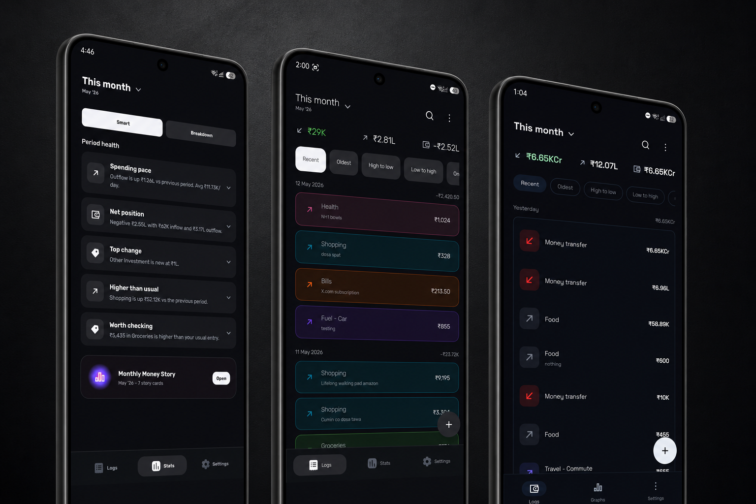 JotWell Android app mockup showing the quick entry and monthly stats screens