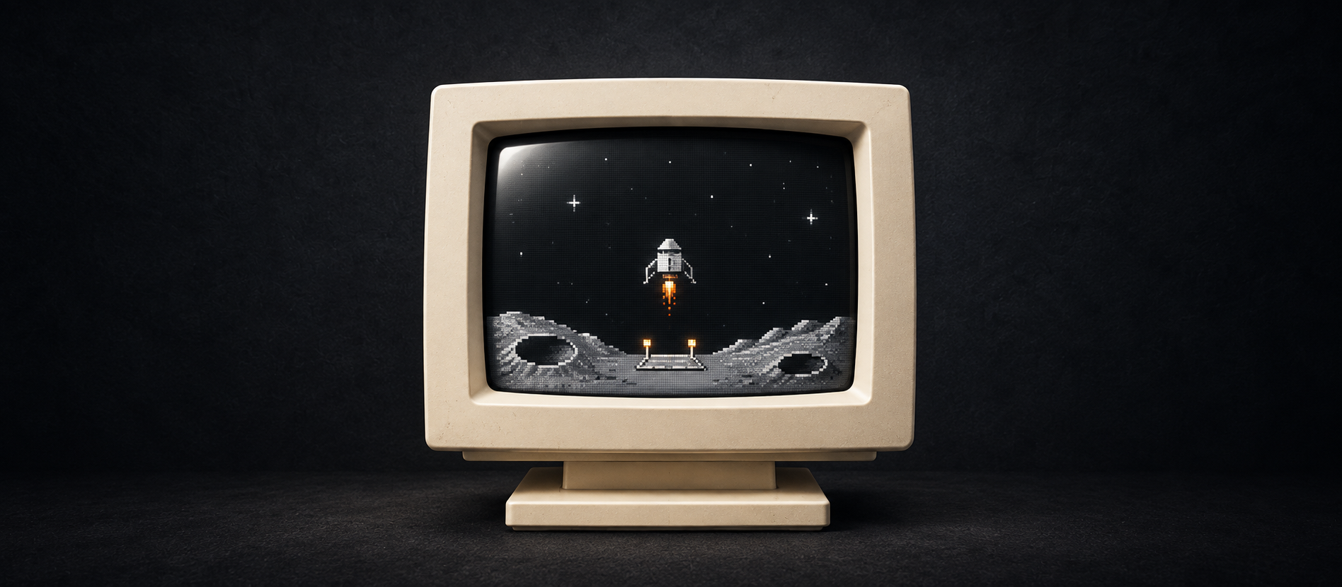 Beige CRT monitor showing a pixel-art lunar lander above a cratered moon surface