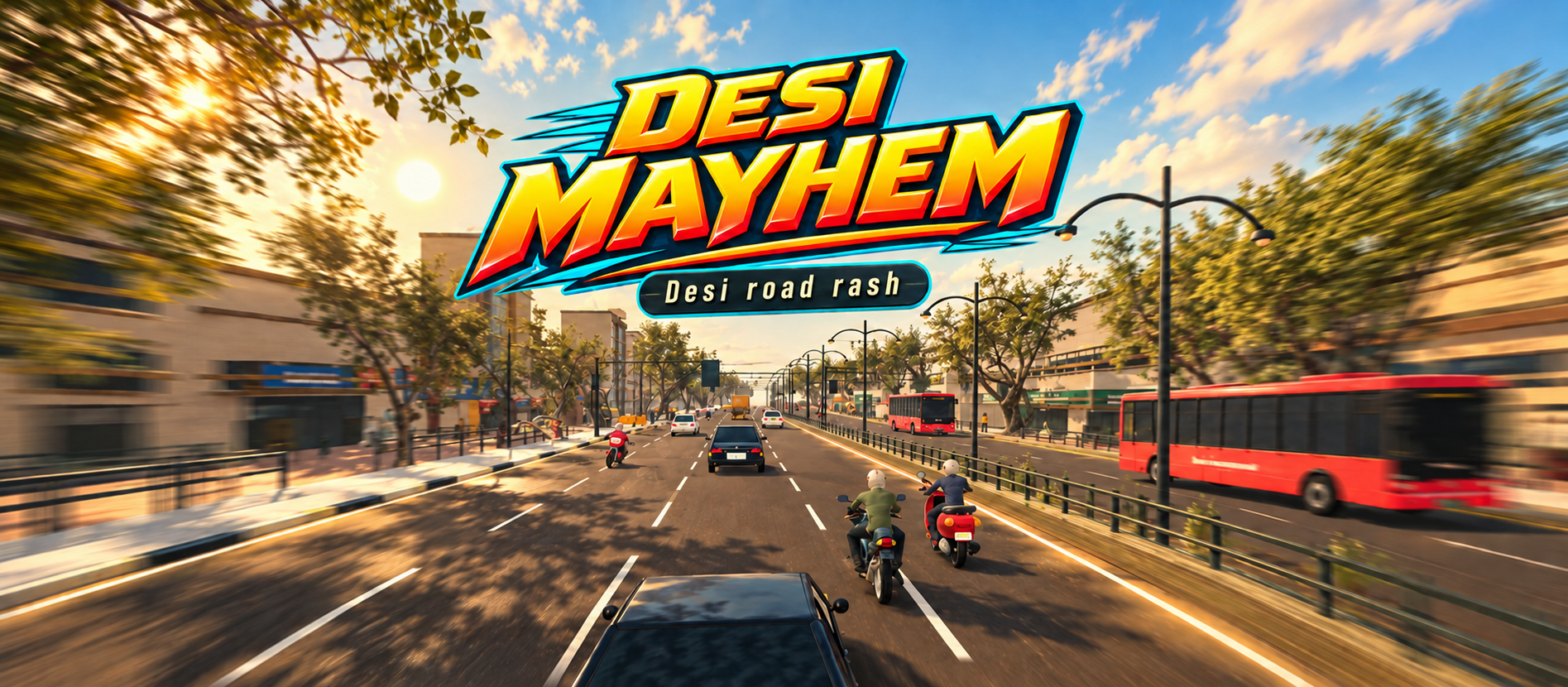 Desi Mayhem logo with a Desi road rash tag above an illustrated Chennai racing scene based on gameplay