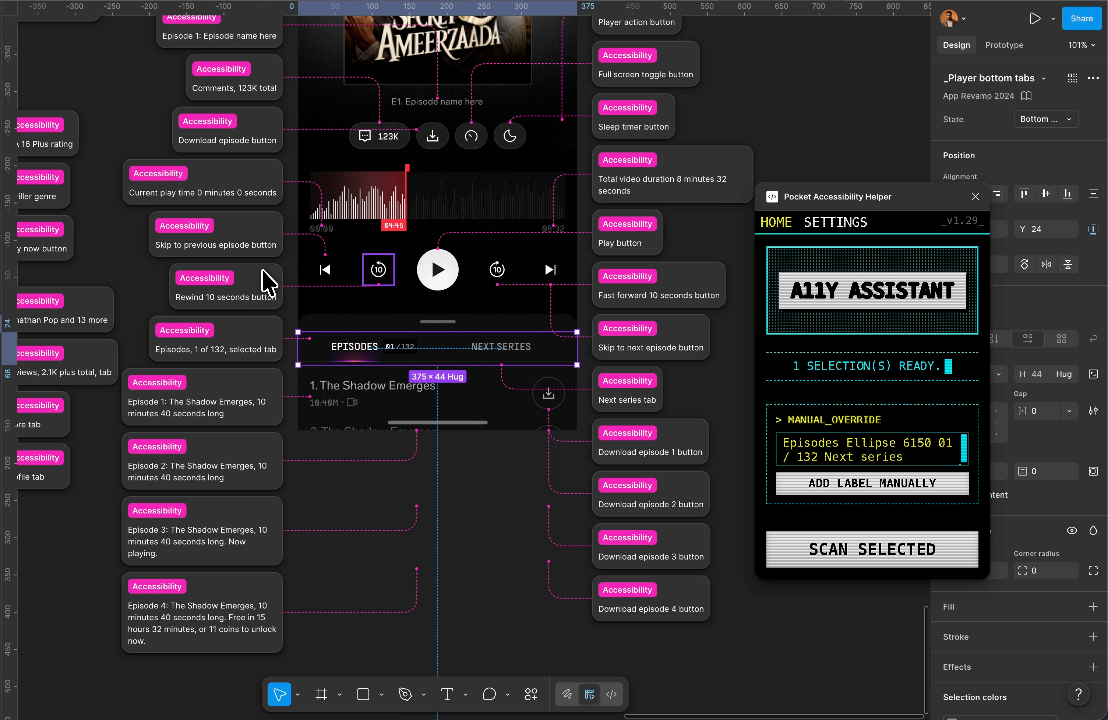 A11Y Assistant manual override mode for a selected Pocket FM tab, with existing generated Accessibility annotations visible on the canvas