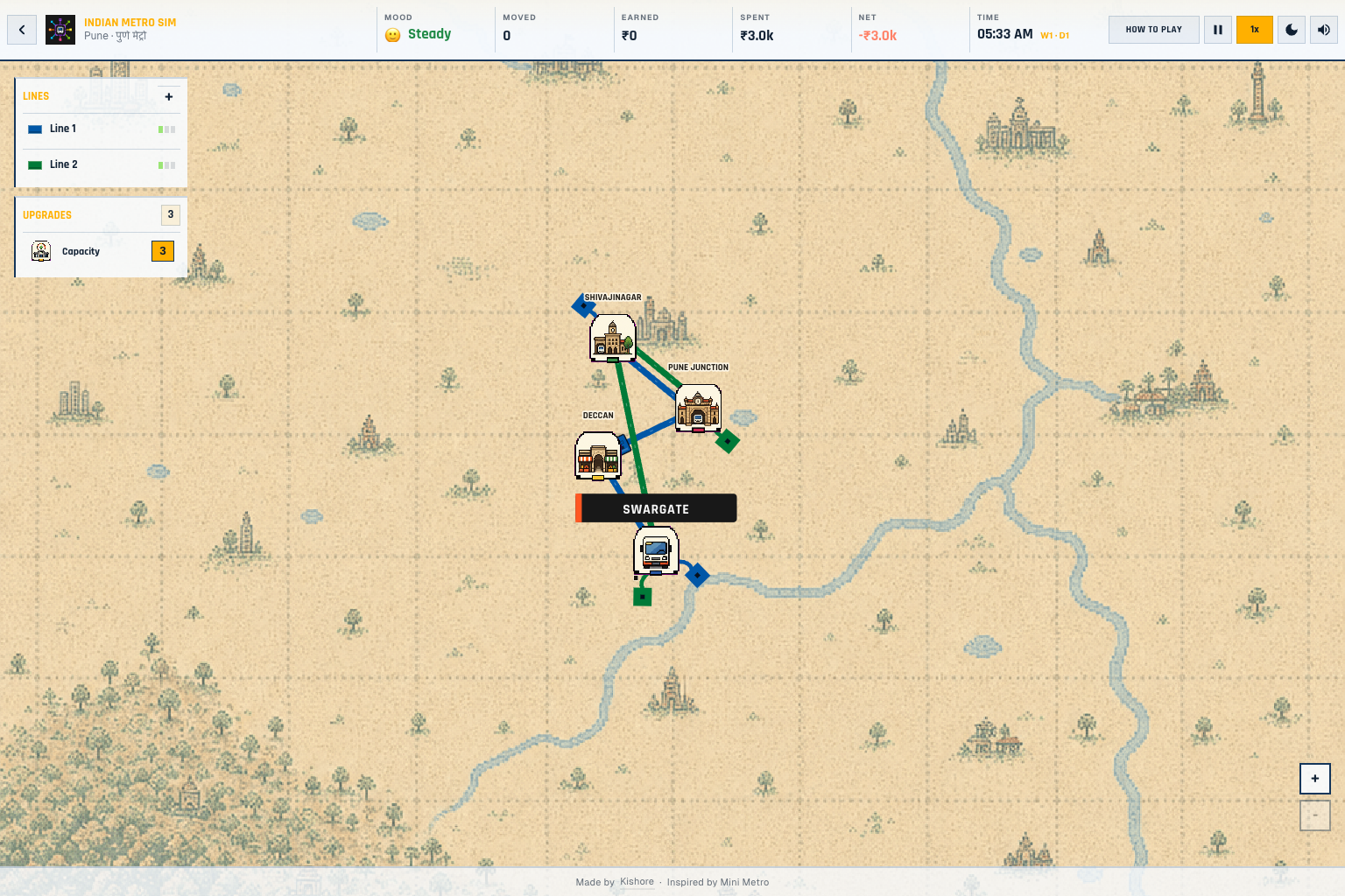 Indian Metro Simulator gameplay screen showing the Pune pixel map, top bar, lines panel, and route-building interface