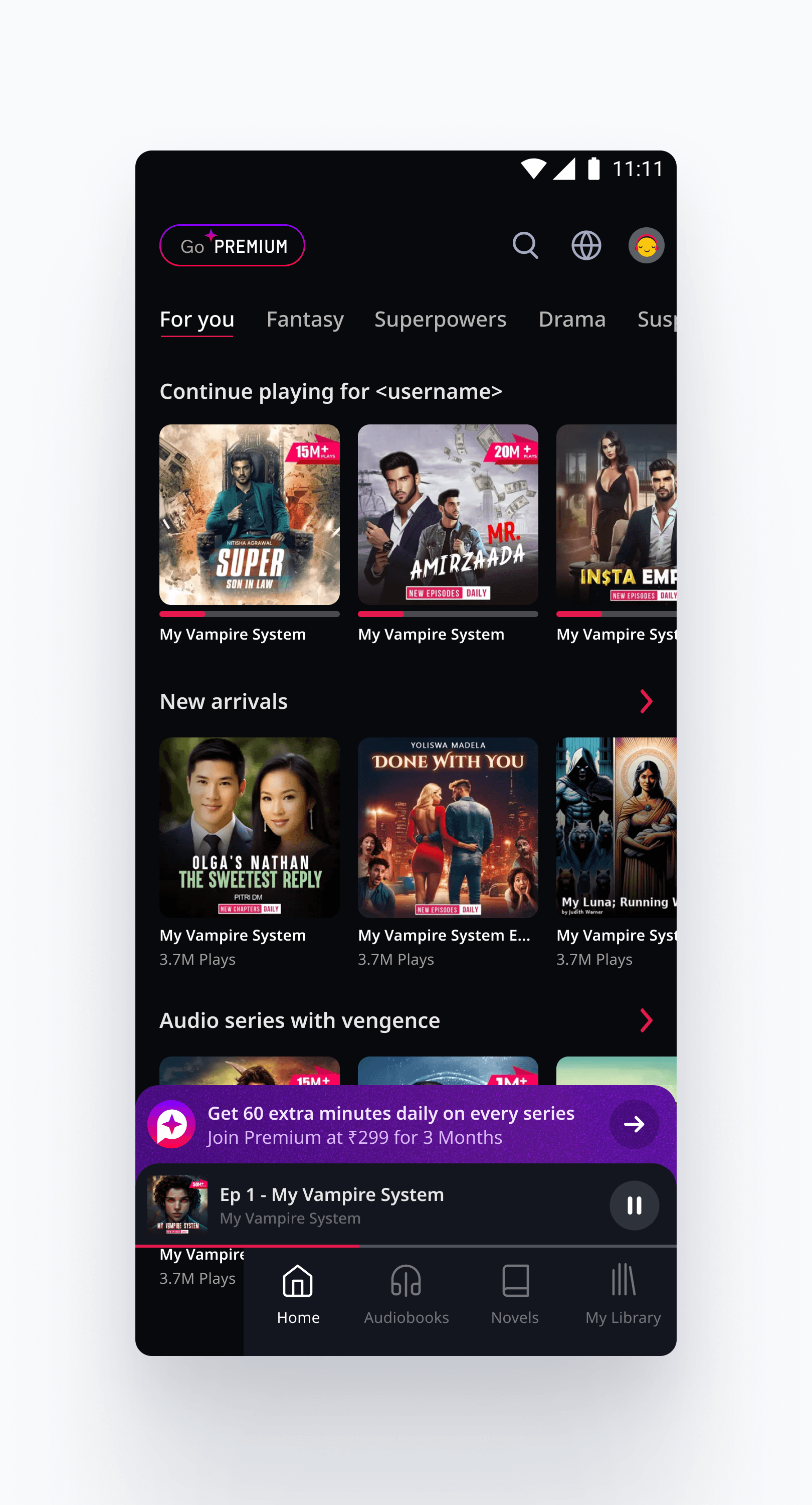 Pocket FM homepage with a Premium banner above the mini-player