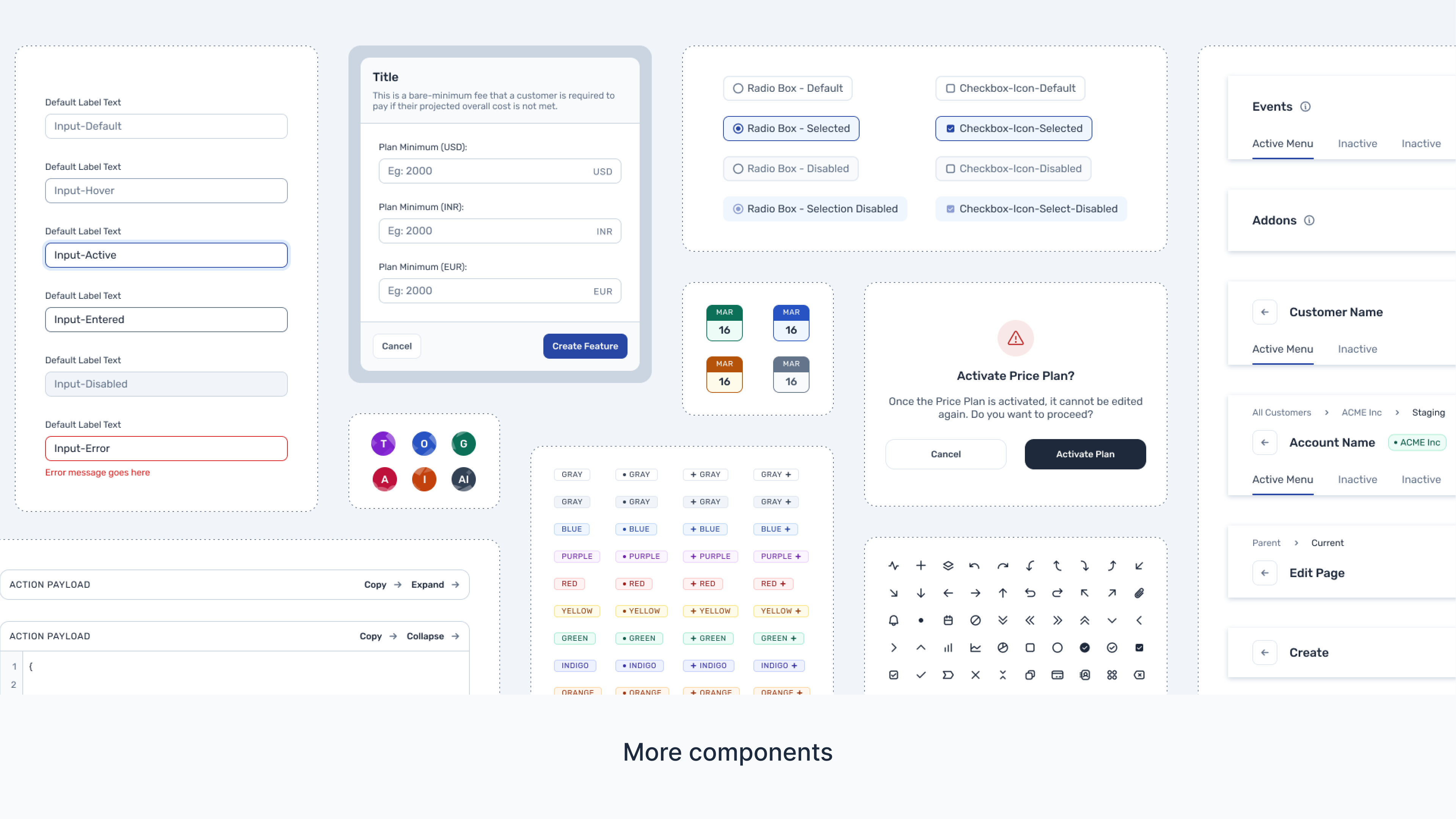Togai component board showing form inputs, modal patterns, radio states, badges, icons, and page headers