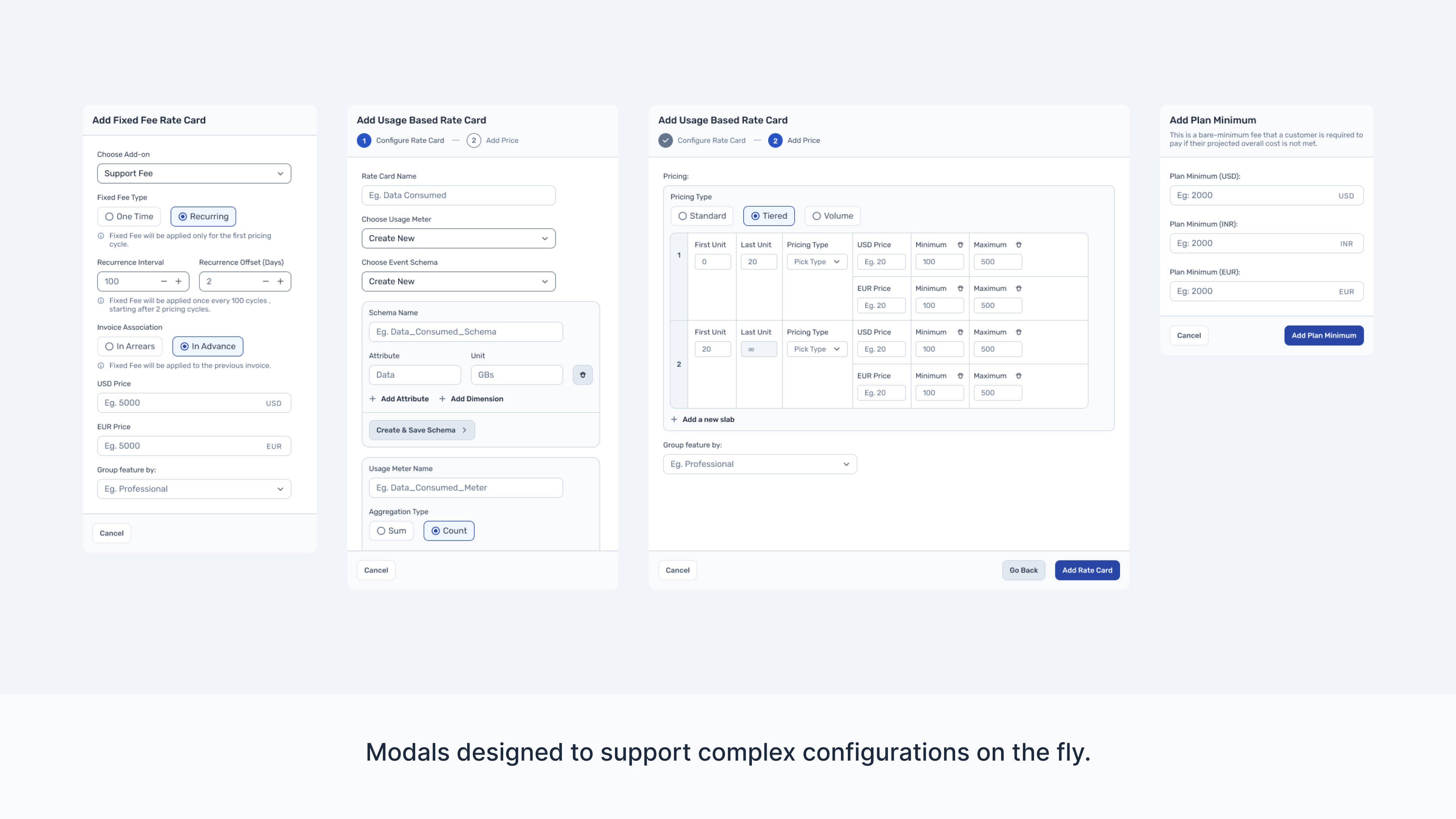Togai modal designs for fixed fee rate cards, usage based rate cards, pricing slabs, and plan minimums