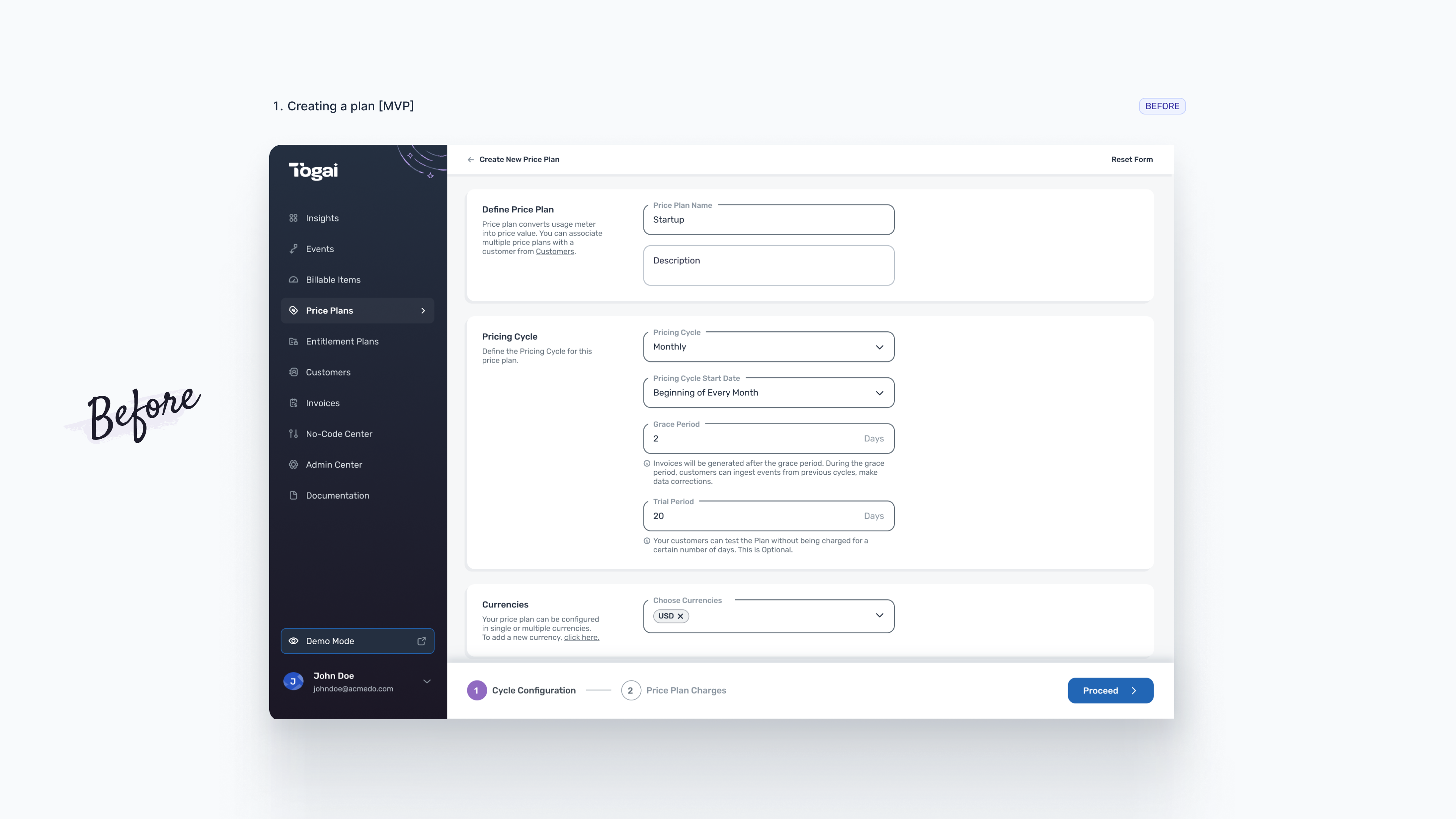 Togai MVP create new price plan screen showing plan name, pricing cycle, currencies, grace period, and trial fields