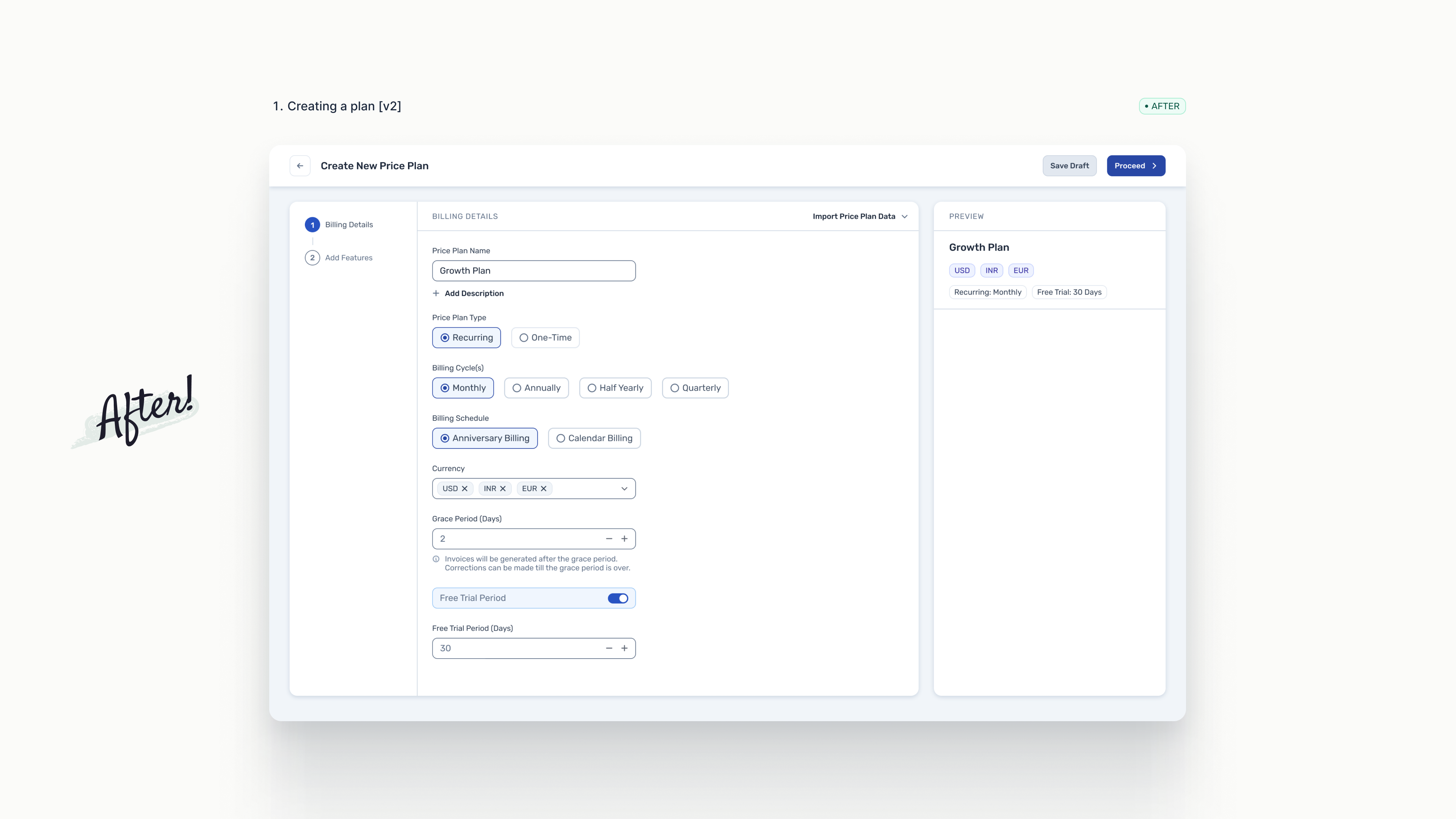 Togai v2 create new price plan screen showing billing details and a live preview panel