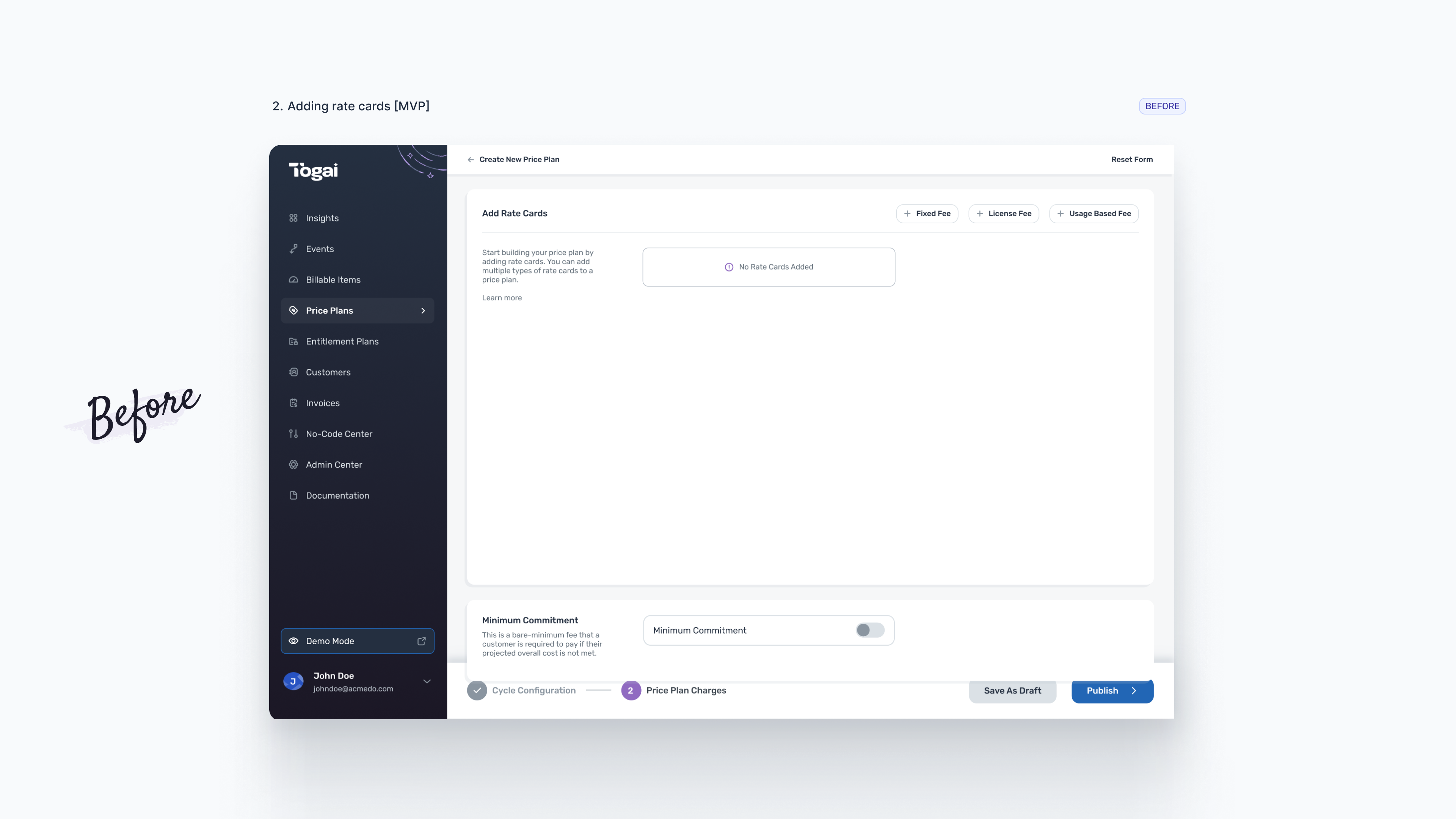 Togai MVP add rate cards screen showing separate fixed fee, license fee, and usage based fee actions