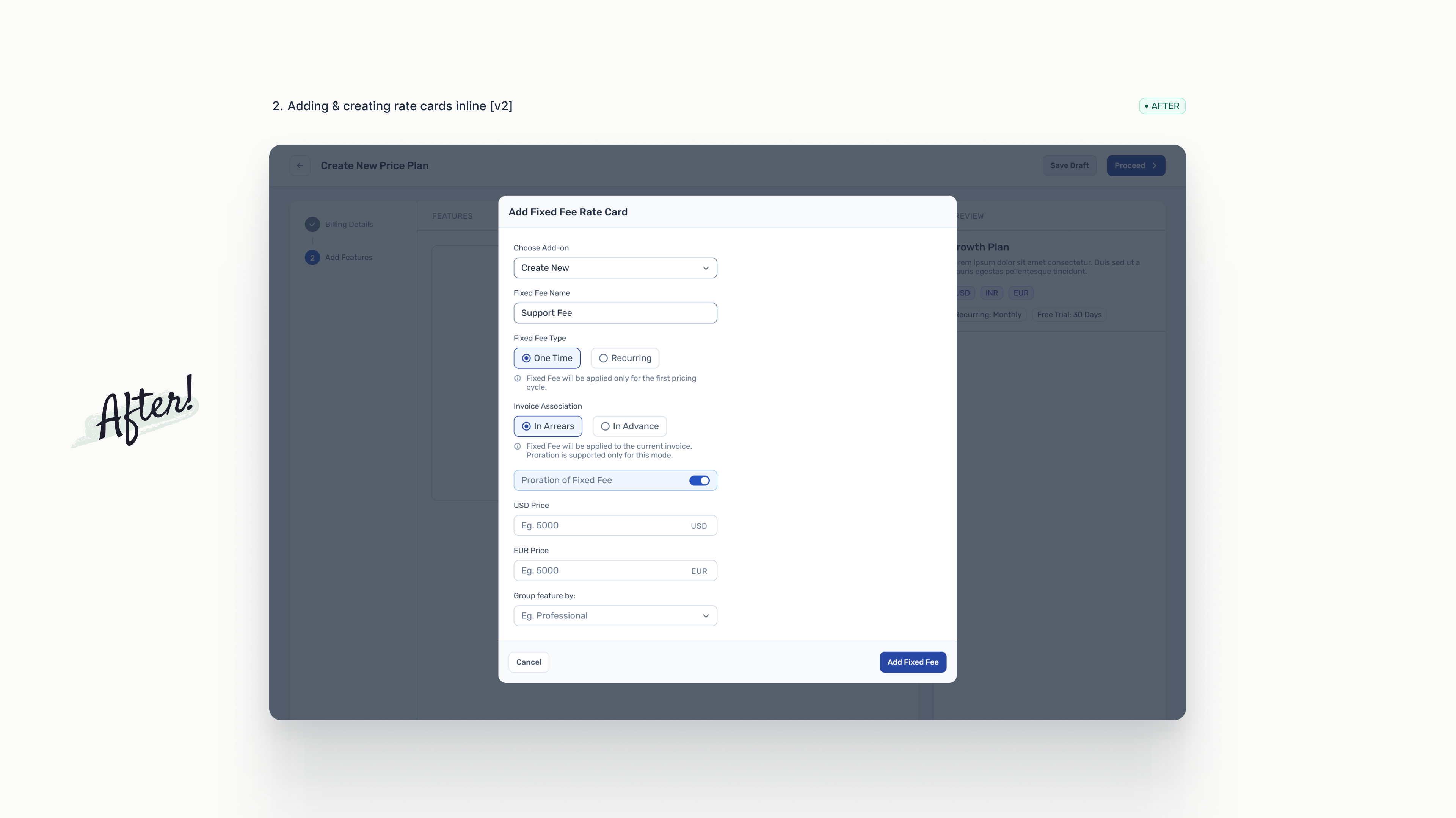 Togai v2 add fixed fee rate card modal over the create price plan flow
