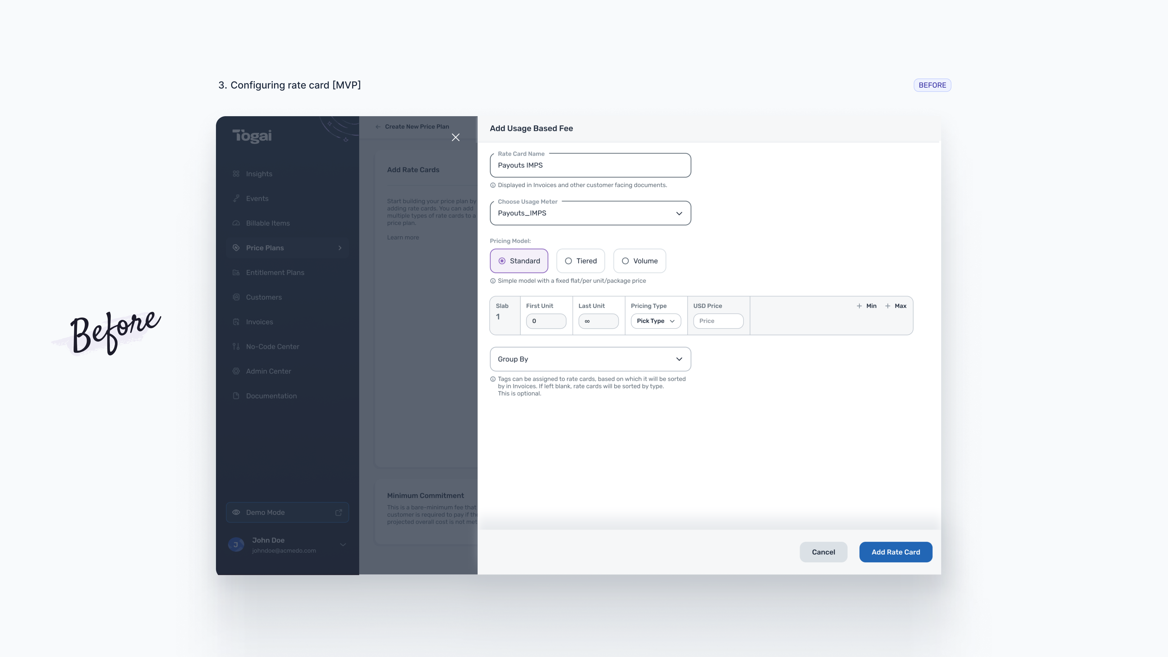 Togai MVP usage based fee modal showing meter selection, pricing model, slabs, and grouping controls
