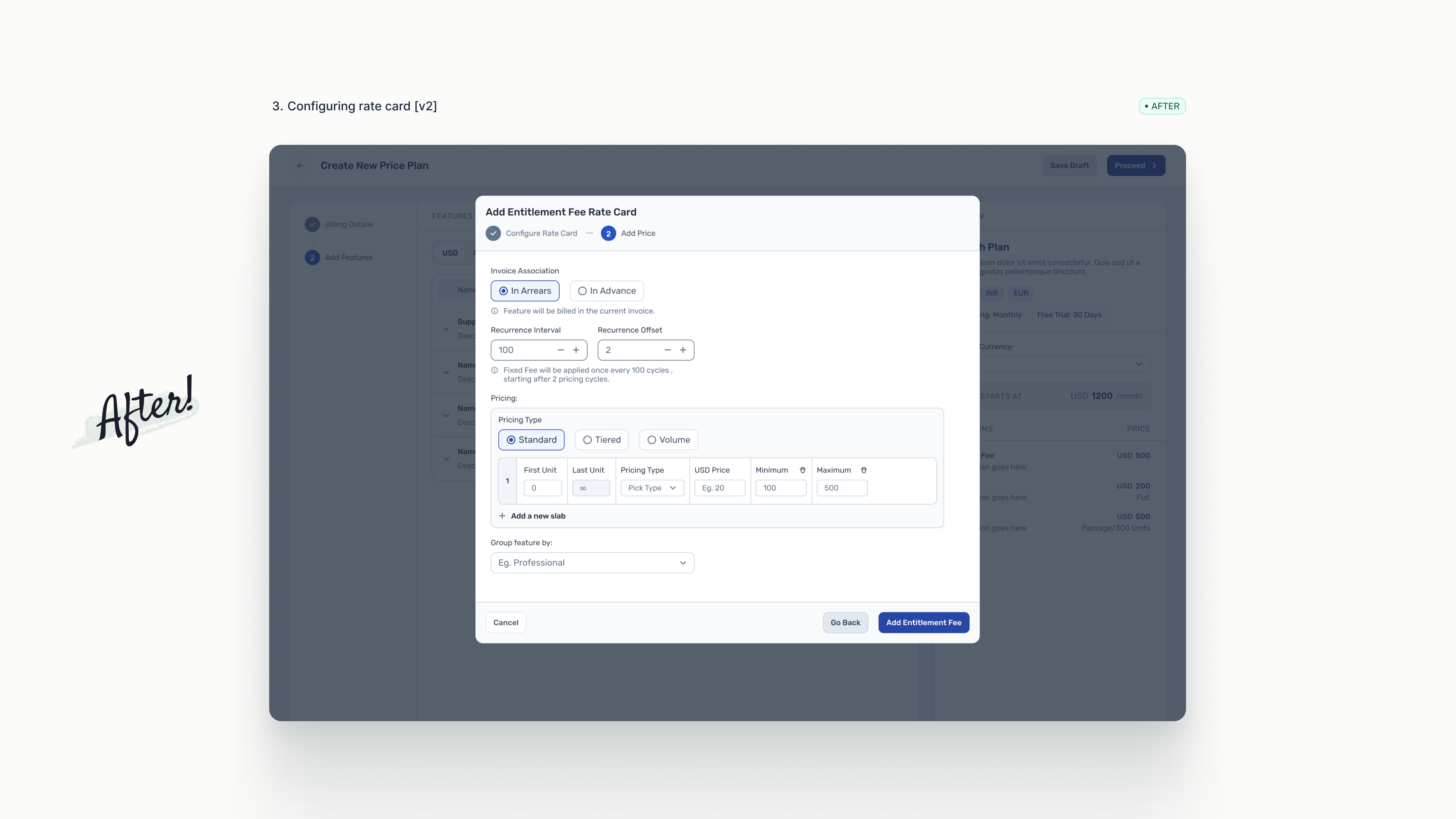 Togai v2 entitlement fee rate card modal showing billing timing and pricing steps