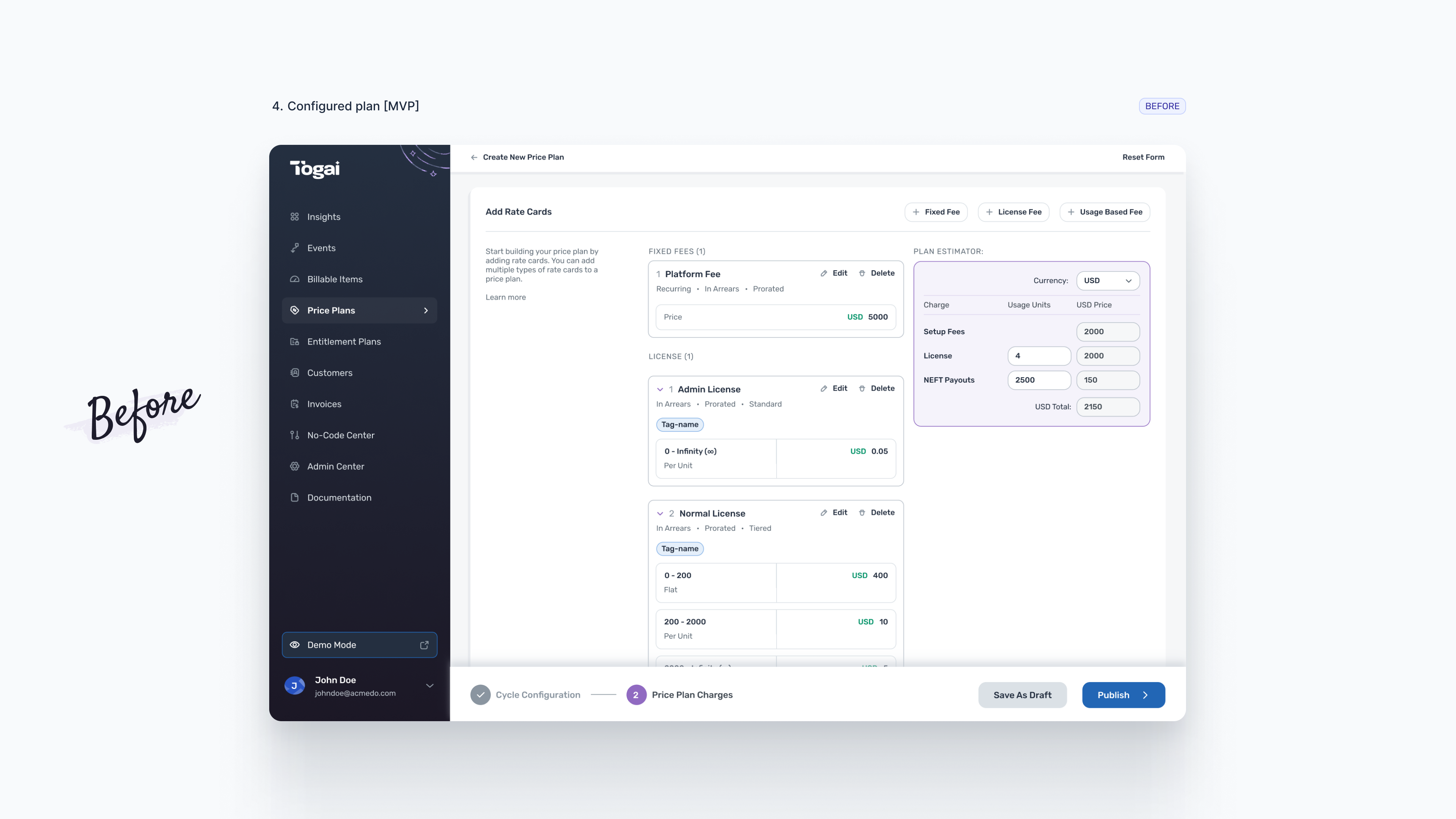 Togai MVP configured price plan screen showing multiple charge cards and a plan estimator