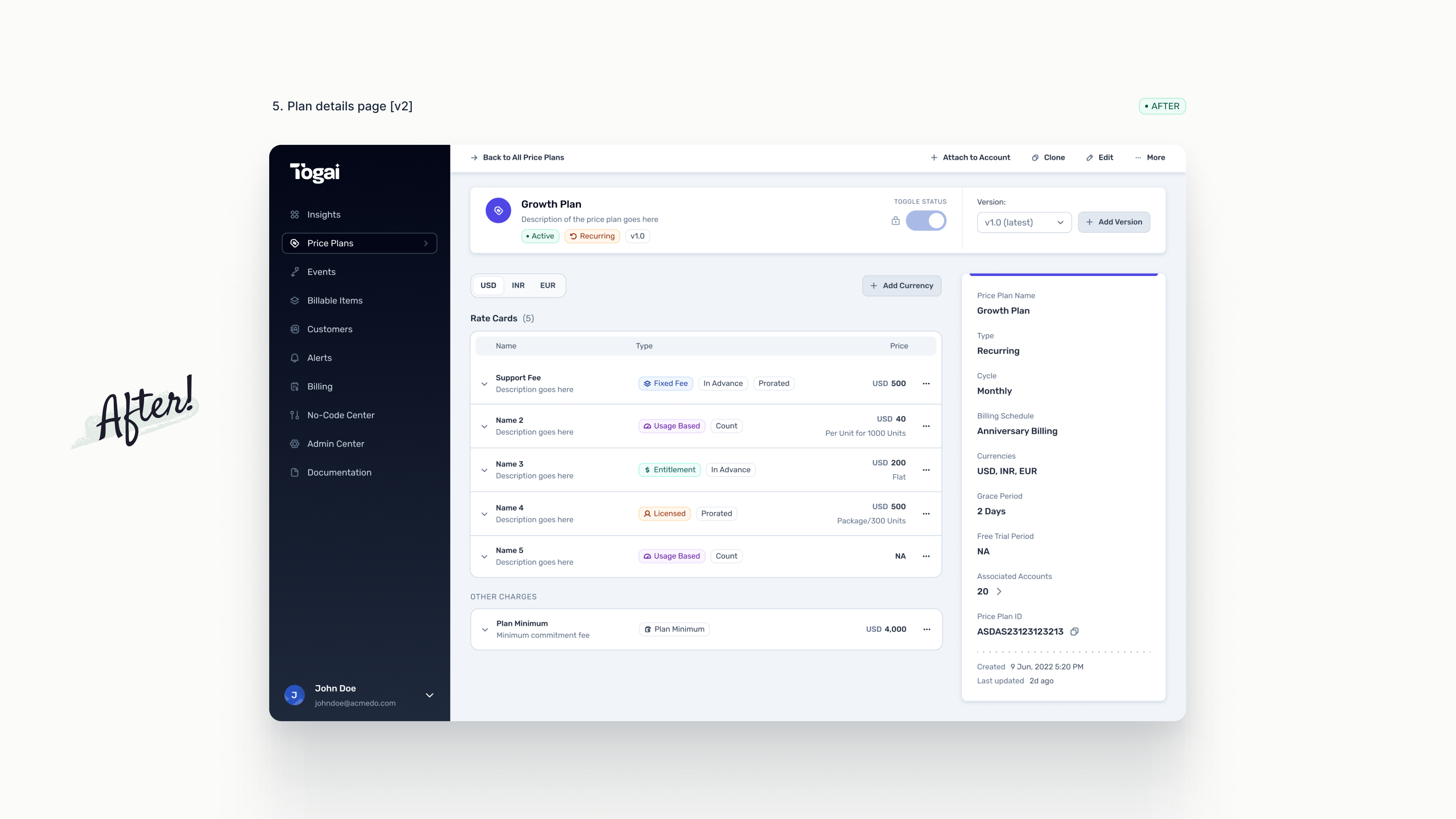 Togai v2 price plan details page showing status, versioning, currencies, rate cards, and metadata